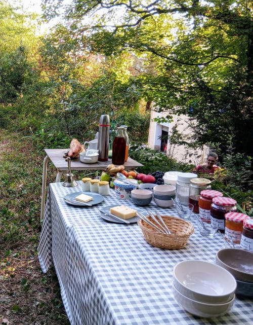 Pique-nique en plein air au Domaine de Cabrières à Saint-Jean-du-Gard avec nappe à carreaux, produits frais et confiture