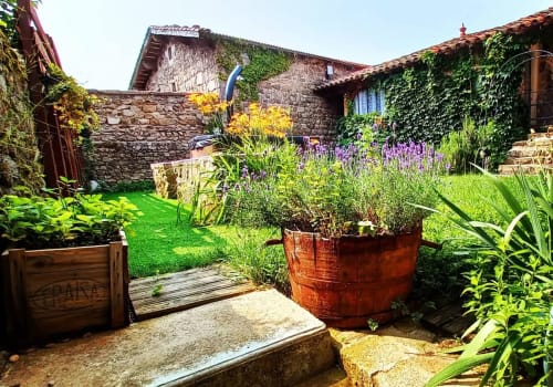 Charmante cour jardinée aux Gîtes Du Couvent à Nozières avec lavande, bâtisses en pierre et murs couverts de lierre
