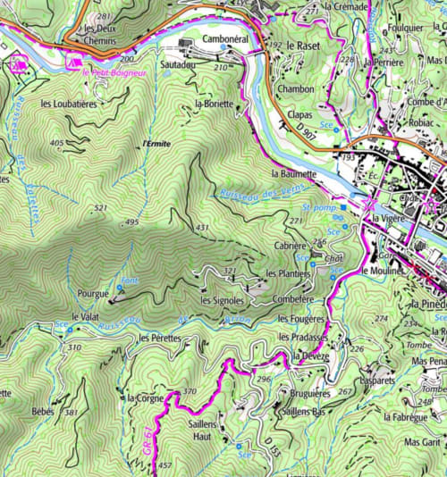 Carte topographique de la région de Saint-Jean-du-Gard montrant la localisation du Domaine de Cabrières en Cévennes