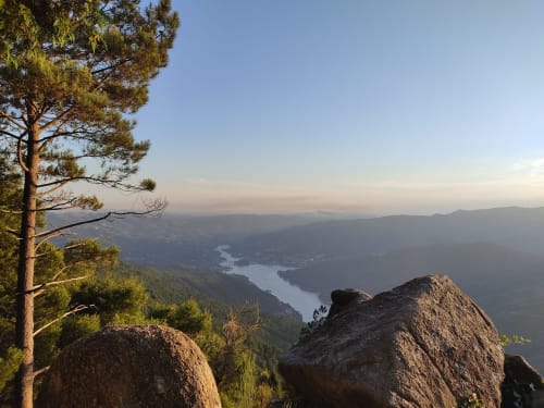 Mountain valley vista with river and pine trees, Serrana Gerês Inn, Portugal