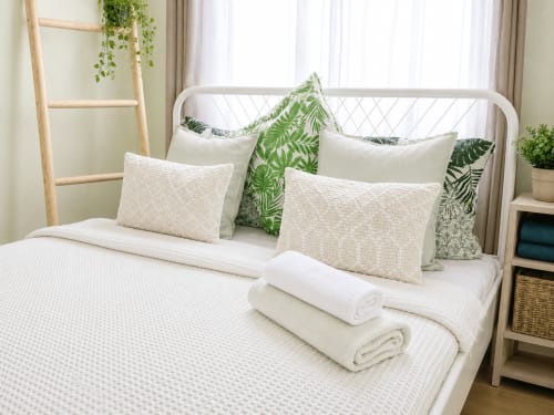 Helles Schlafzimmer mit weißem Metallbettgestell, gestapelten Kissen, zusammengerollten Handtüchern, grünen botanischen Kissen, Holzleiter, Topfpflanze