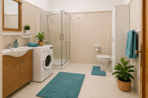 Modernes Badezimmer mit begehbarer Dusche, Waschmaschine, Holz-Waschtisch und Akzenten in Blaugrün im Apartment Sara & Gino in Corralejo