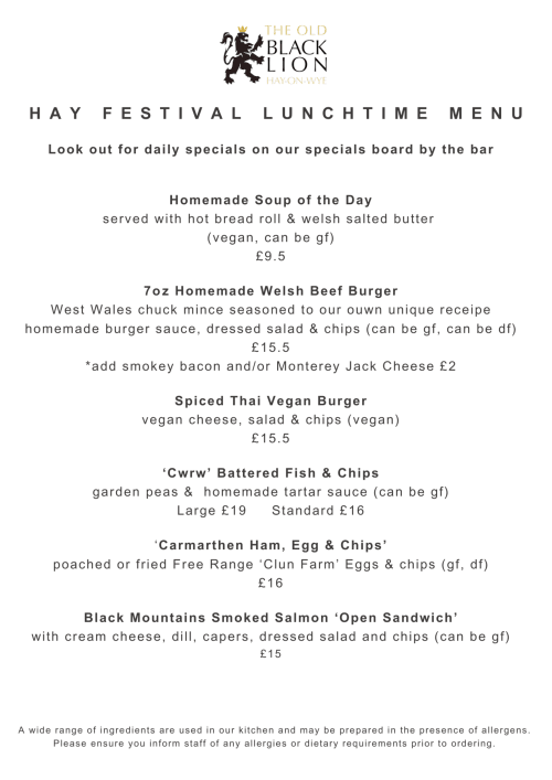 Hay Festival lunchtime menu from The Old Black Lion pub in Hay-On-Wye featuring Welsh beef burger, fish and chips, and vegan