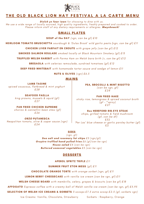 The Old Black Lion Hay Festival a la carte menu featuring small plates, mains, sides and desserts from the Hay-on-Wye