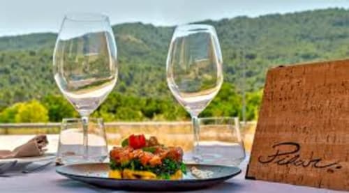 Dos copas de vino vacías con vistas panorámicas a viñedos en Casa María, bed and breakfast en Artana, España