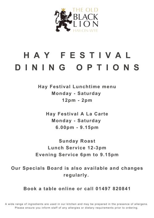 The Old Black Lion Hay Festival dining options menu with lunchtime and evening service times