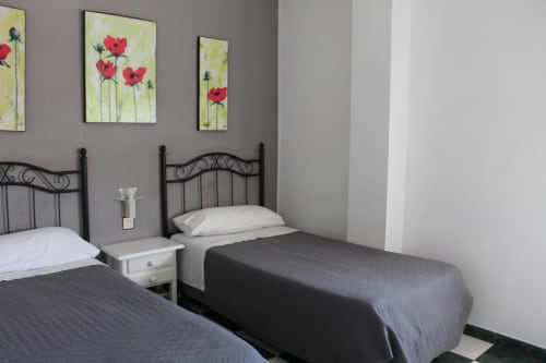 Habitación doble en Hostal El Camionero con camas individuales, cabeceros de metal negro, cuadros florales y paredes grises en Burguillos