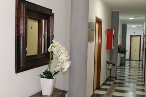 Pasillo del Hostal El Camionero con orquídea blanca, espejo con marco de madera y puertas de habitaciones