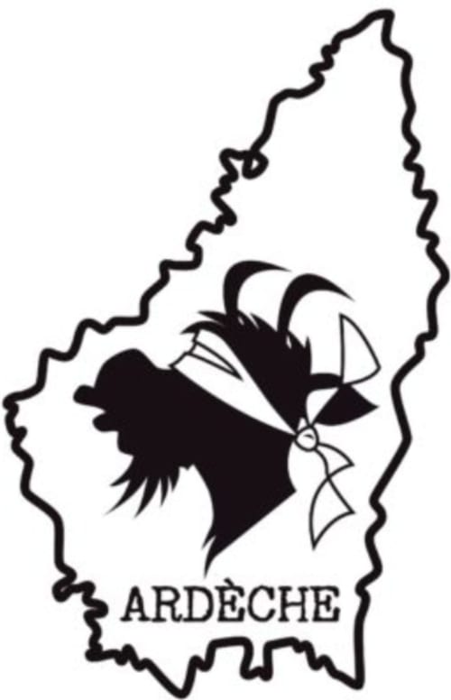 Carte de la région Ardèche avec coiffe traditionnelle et logo Les Gîtes Du Couvent