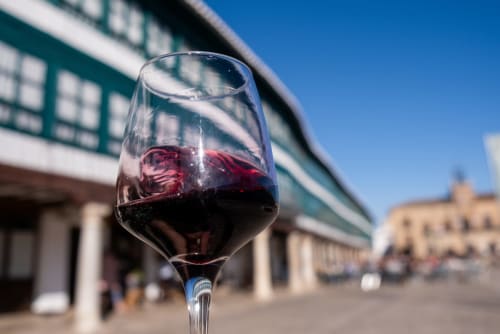 Glass of red wine with Almagro theater buildings and blue sky in background at Retiro del Teatro