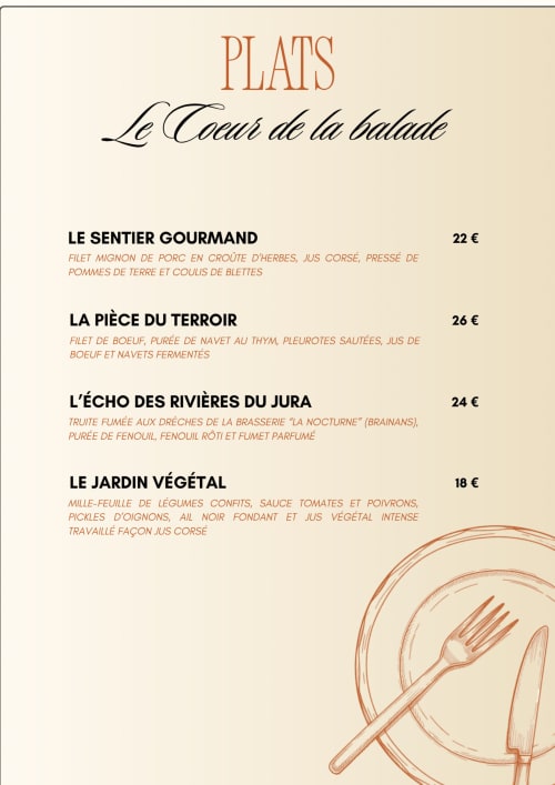 Clos De La Gourmandiere French restaurant menu plats section featuring pork, beef, trout and vegetable dishes