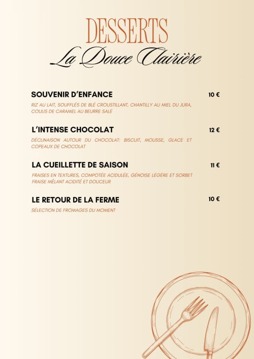 Desserts menu from La Douce Clairière at Clos De La Gourmandiere B&B, Saint-Lothain, featuring chocolate, seasonal specials