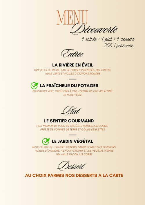Clos De La Gourmandiere discovery menu: appetizer, main course, vegetarian option, and dessert selection in Saint-Lothain
