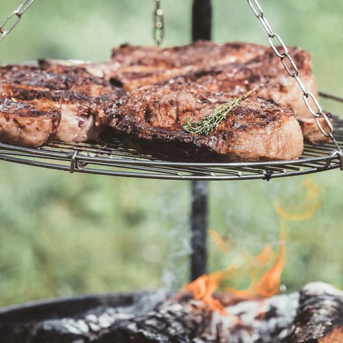 Filetes a la parrilla cocinándose sobre fuego de campamento en cesta colgante en Rustikalpuente, España
