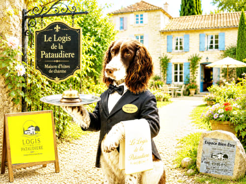 Élégant concierge canin en smoking à Logis de la Pataudière, une charmante auberge de campagne en Champagne