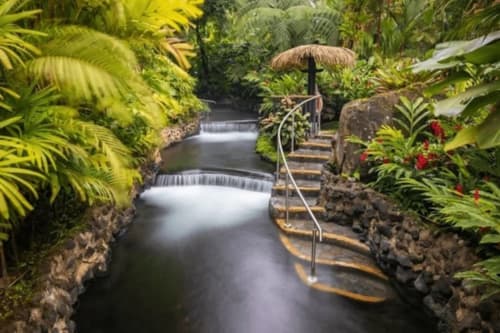 Arroyo tropical con cascadas en exuberantes jardines del Contenedores Boutique Hotel, Costa Rica