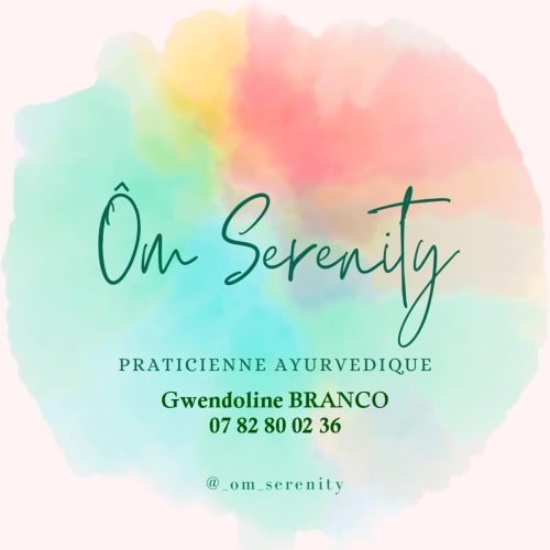 Carte de visite de praticienne Ayurveda Om Serenity avec fond aquarelle pastel