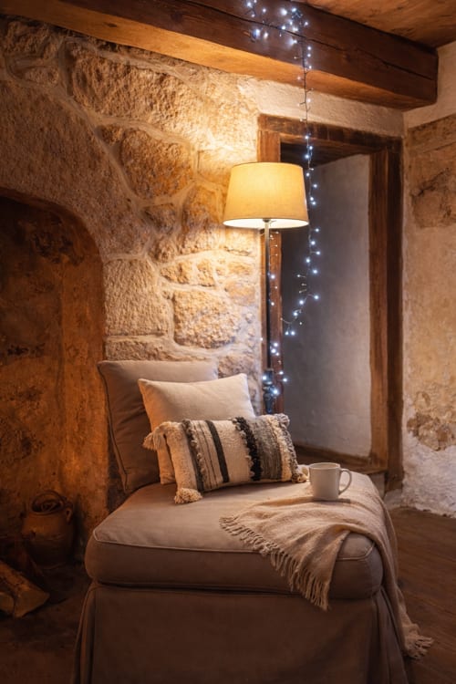 Coin de lecture douillet à la villa Le 1830 avec murs en pierre, lampe chaleureuse, coussins décoratifs et guirlandes lumineuses