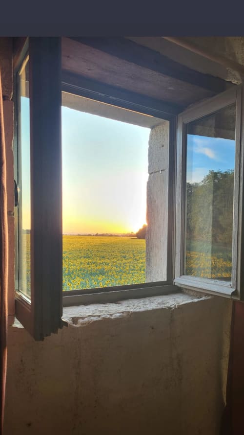 Sunset view of sunflower field through open window at Domaine Des Forges De La Vache, Raveau