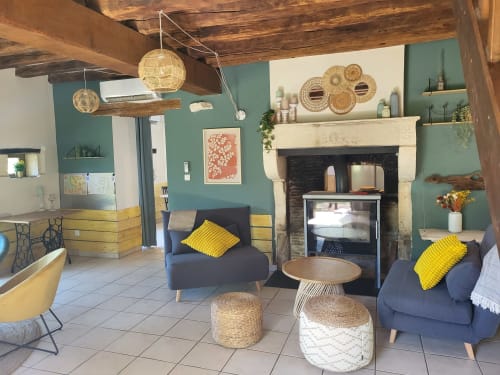 Cozy living room at Domaine Des Forges, Raveau cottage with teal walls, fireplace, dark sofa, yellow pillows, and woven decor