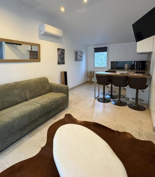 Appartement de style moderne au Mas Aurel de Provence avec canapé vert, kitchenette avec bar et vue sur le jardin