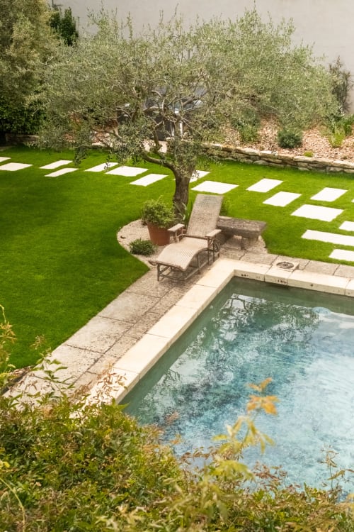 Serene garden pool at Le Jardin Secret, Grignan with loungers, olive tree and white stepping stones on lush grass