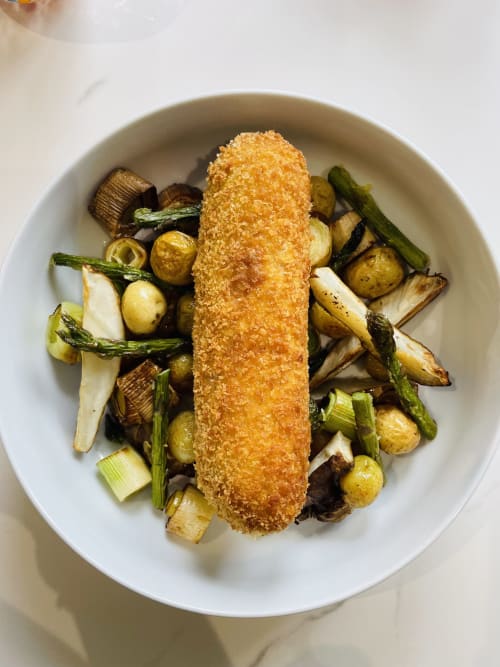 Filet de poisson pané avec légumes rôtis à la Maison Nolette, Noyelles sur Mer