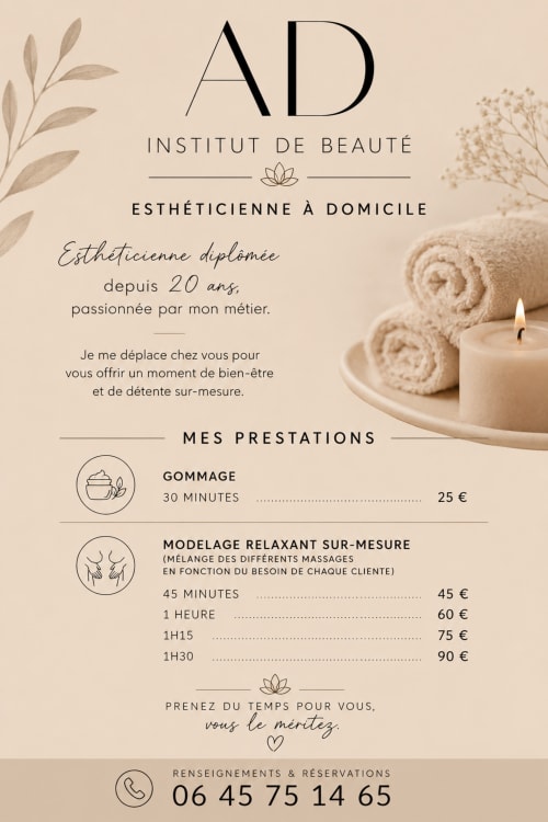 AD Institut de Beauté - Services d'esthéticienne à domicile à Tudeils, France. Soins du visage et massages relaxants.