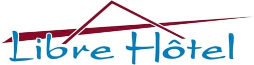 Libre Hôtel logo featuring a house silhouette in burgundy and blue text, La Vespiere, France