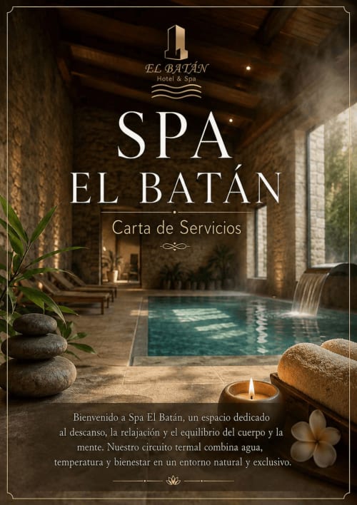 Menú de servicios del Hotel Spa El Batán con piscina térmica interior, detalles en piedra y velas