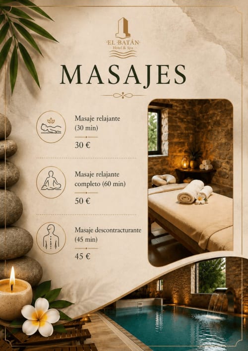 Menú de masajes del Hotel Spa El Batán con tratamientos relajantes, piscina termal y servicios de bienestar en Castillo de Locubín