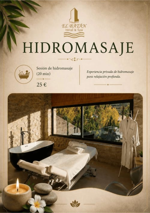 Sala de spa con hidromassage del Hotel Spa El Batán, cama de masaje, bañera negra y vistas a las montañas en Castillo de Locubín