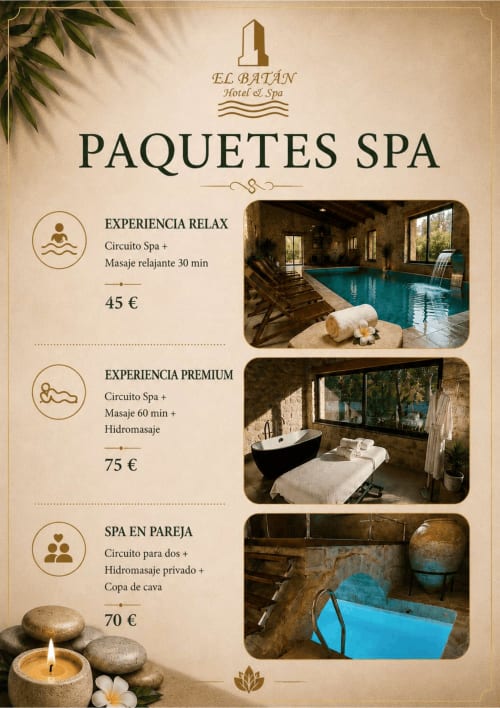Menú de paquetes spa de El Batán Hotel Spa: relajación, premium y parejas con imágenes de piscina y sala de tratamientos