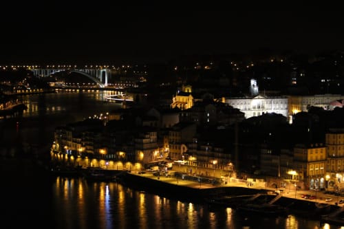 Skyline noturno do Porto com edifícios iluminados à beira do rio, ponte e arquitetura histórica ao longo do Douro
