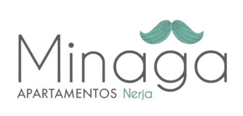 Logo de Minaga Apartamentos Nerja con icono de bigote azul turquesa, gestor de propiedades en España