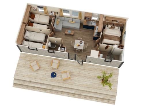 Plan 3D du Mobil Home Magnolia du Camping La Lézardière avec deux chambres, séjour, cuisine et terrasse en bois
