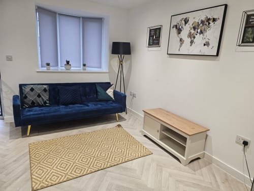 Modern living room with blue velvet sofa, geometric rug, wooden TV unit, and world map art in Radcliffe apartment