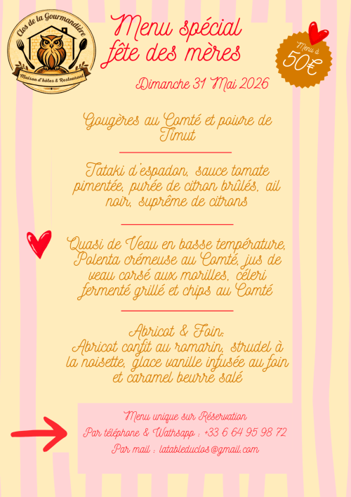 Clos De La Gourmandiere Mother's Day menu special, 50€, Sunday May 31 2026