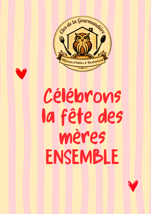 Clos De La Gourmandière Mother's Day celebration poster with owl logo and pink striped background
