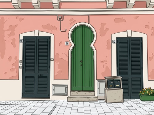 Affascinante facciata rosa con porta ad arco verde, finestre scuri, cortile piastrellato a Santa Cesarea Vacanze
