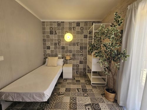 Acogedor dormitorio individual en Villa Palmer, Paguera con cama, paredes de azulejos estampados, planta y mobiliario moderno