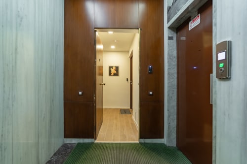 Ingresso moderno dell'ascensore in Holiday-rent.it Firenze, appartamento La Magnolia, con rivestimento in legno e pavimento in tappeto verde