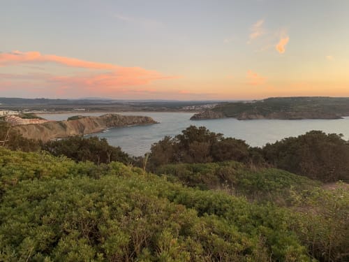 Coastal sunset view of Nazaré cliffs and bay with Mediterranean vegetation at Casa na Onda
