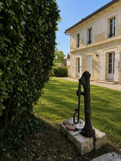 Le jardin du Château Alto Cormeil avec sa pompe à eau vintage, sa haie de lierre et son manoir en pierre à Saint-Émilion