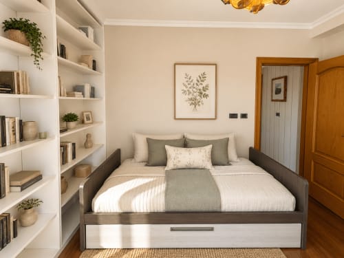Acogedora habitación de la cabaña Mar y Sol en Baiona, con ropa de cama a rayas, estanterías empotradas, puertas de madera y decoración con vistas al mar
