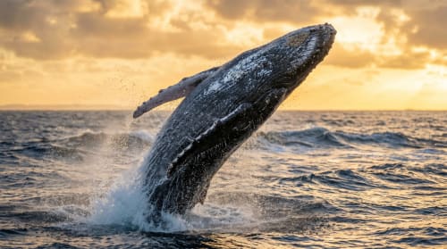 Ballena jorobada emergiendo al atardecer, Vidasoul BnB, La Vinorama México