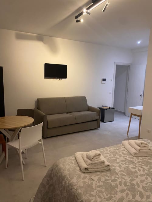 Modern studio room at Rose Civitanova del Sannio with sofa, flat-screen TV, dining table, and bed with towels