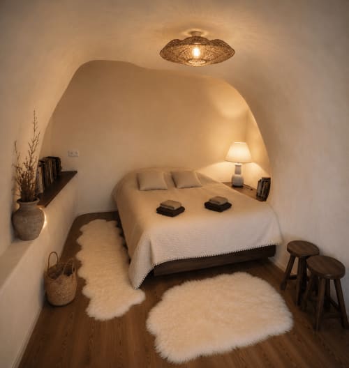 Cozy whitewashed bedroom with arched alcove, bed, pendant light, table lamp, and wooden accents at Jardines de Ifonche hotel