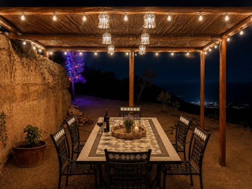 Terraço externo para jantar em Jardines de Ifonche com pérgula de madeira iluminada, mesa preparada e vista noturna da cidade na montanha