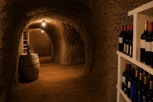 Adega subterrânea em Jardines de Ifonche com abóbadas de pedra, barril de madeira e garrafas de vinho em prateleiras em Tenerife